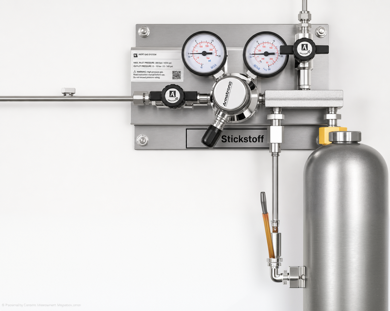 Inert gas system with pressure gauges and a sample cylinder
